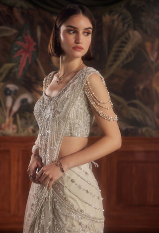 Roqa Aquila Draped Ivory Sari And Blouse available on indiaspopup