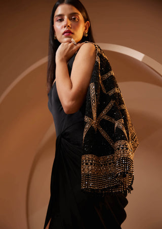 Roqa-Ariaana Black Drape Gown And Jacket-INDIASPOPUP.COM