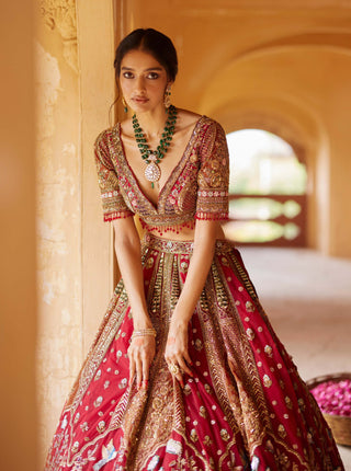 Roqa-Red Azara Lehenga Set-INDIASPOPUP.COM