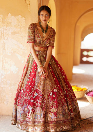 Roqa-Red Azara Lehenga Set-INDIASPOPUP.COM