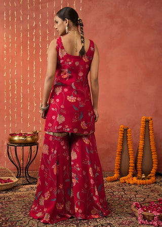 Red Diyac Chintz Embroidered Short Kurta And Sharara Set by Shivani Bhargava available on Indiaspopup.com