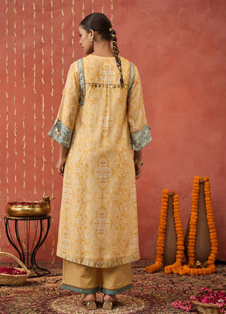 Mustard Manjari Mughal Jaal Long Kurta Set by Shivani Bhargava available on Indiaspopup.com