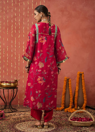 Red Karuna Chintz Chanderi Long Kurta Set by Shivani Bhargava available on Indiaspopup.com