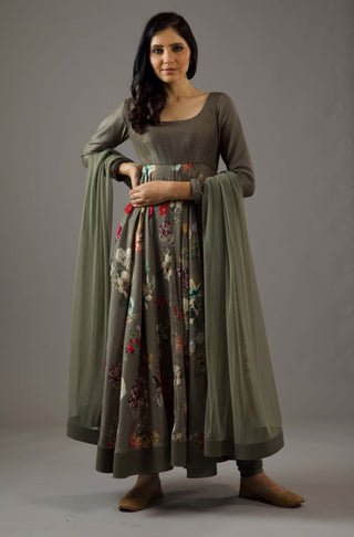 Balance By Rohit Bal-Pewter Printed Anarkali Set-INDIASPOPUP.COM