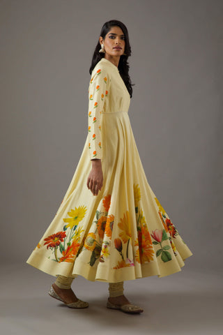 Balance By Rohit Bal-Lemon Yellow Printed Anarkali Set-INDIASPOPUP.COM