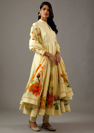 Balance By Rohit Bal-Lemon Yellow Printed Anarkali Set-INDIASPOPUP.COM