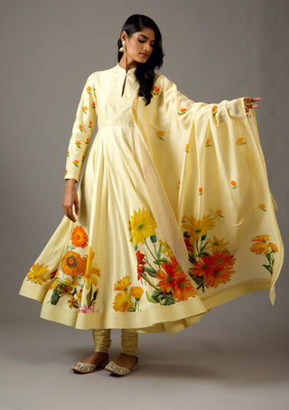 Balance By Rohit Bal-Lemon Yellow Printed Anarkali Set-INDIASPOPUP.COM
