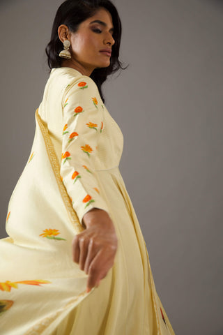 Balance By Rohit Bal-Lemon Yellow Printed Anarkali Set-INDIASPOPUP.COM
