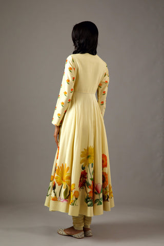Balance By Rohit Bal-Lemon Yellow Printed Anarkali Set-INDIASPOPUP.COM