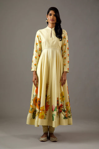 Balance By Rohit Bal-Lemon Yellow Printed Anarkali Set-INDIASPOPUP.COM