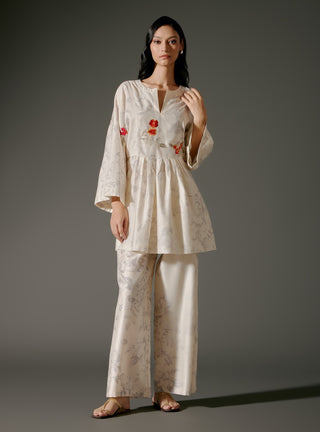 Ivory Chanderi Peplum Tunic And Pants by Balance By Rohit Bal available on Indiaspopup.com