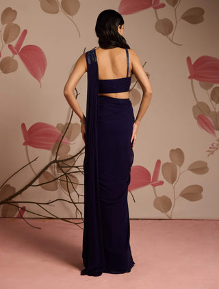 Midnight blue choli and pre-draped sari with pallu