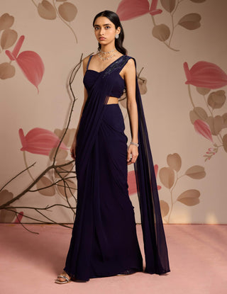 Midnight blue choli and pre-draped sari with pallu