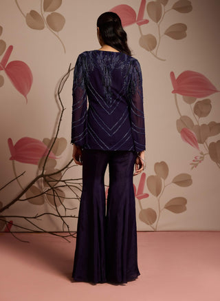 Midnight blue embellished jacket and flared pants