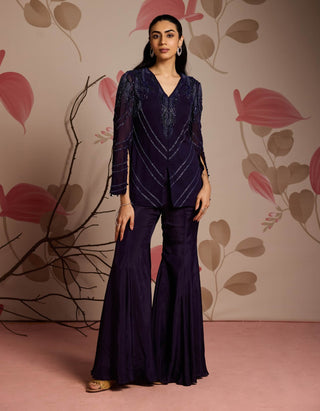 Midnight blue embellished jacket and flared pants