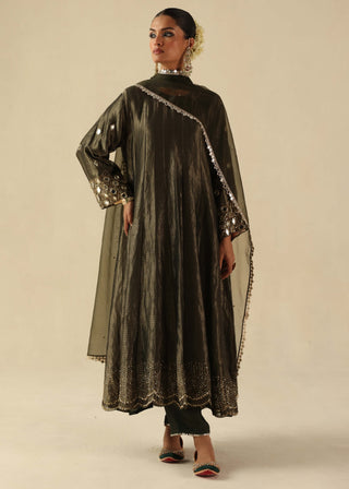 Afsana olive green kalidar kurta set