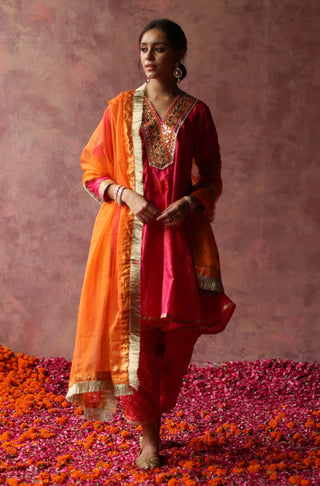 Begum Pret-Rumi Pink Orange Kurta Set-INDIASPOPUP.COM