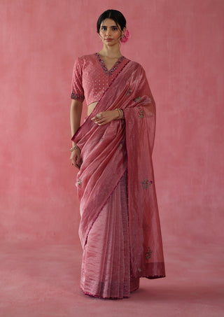 Anjeer Peach Sari And Blouse by Begum Pret available on Indiaspopup.com