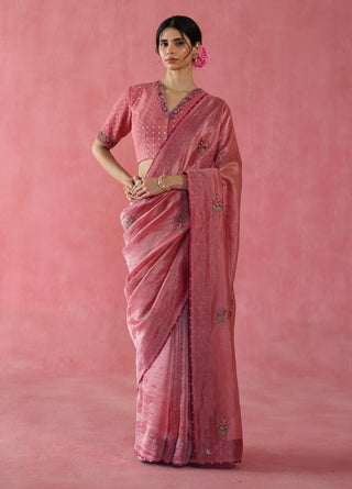Anjeer Peach Sari And Blouse by Begum Pret available on Indiaspopup.com