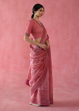 Anjeer Peach Sari And Blouse by Begum Pret available on Indiaspopup.com