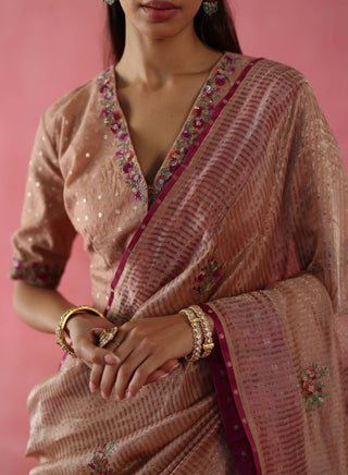 Anjeer Beige Sari And Blouse by Begum Pret available on Indiaspopup.com