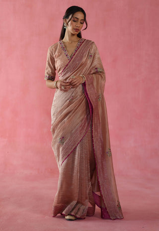 Anjeer Beige Sari And Blouse by Begum Pret available on Indiaspopup.com
