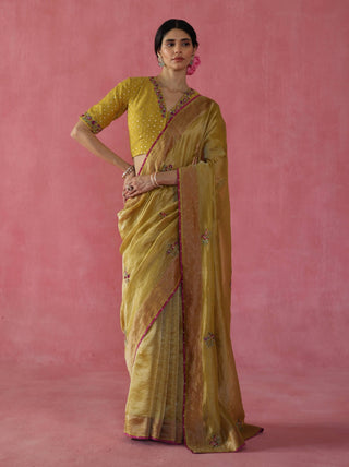 Ghevar Mustard Yellow Sari And Blouse by Begum Pret available on Indiaspopup.com