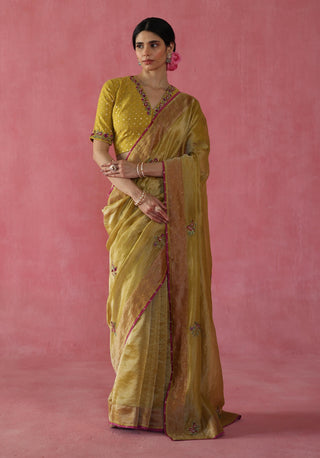 Ghevar Mustard Yellow Sari And Blouse by Begum Pret available on Indiaspopup.com