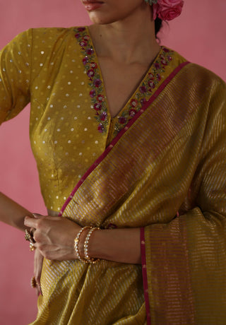 Ghevar Mustard Yellow Sari And Blouse by Begum Pret available on Indiaspopup.com