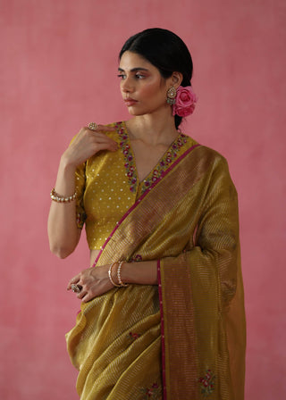 Ghevar Mustard Yellow Sari And Blouse by Begum Pret available on Indiaspopup.com