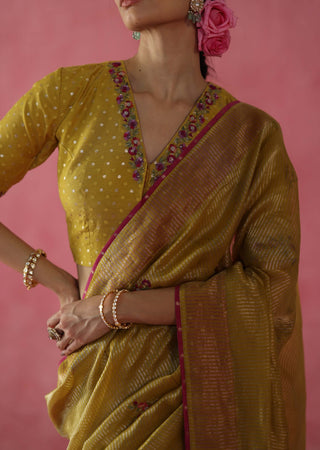 Ghevar Mustard Yellow Sari And Blouse by Begum Pret available on Indiaspopup.com