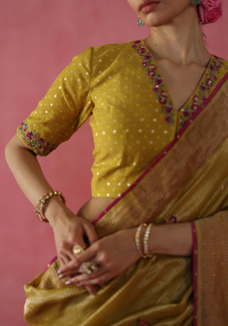 Ghevar Mustard Yellow Sari And Blouse by Begum Pret available on Indiaspopup.com