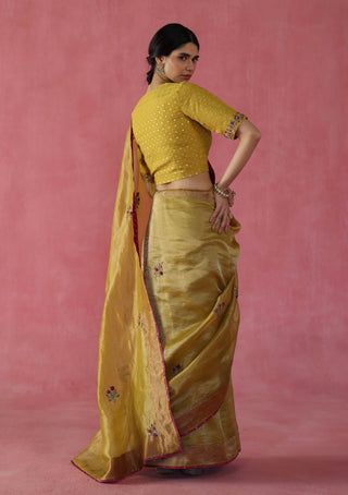Ghevar Mustard Yellow Sari And Blouse by Begum Pret available on Indiaspopup.com