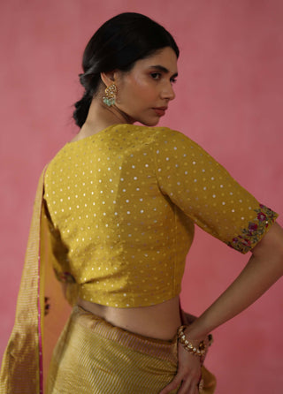 Ghevar Mustard Yellow Sari And Blouse by Begum Pret available on Indiaspopup.com