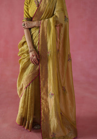 Ghevar Mustard Yellow Sari And Blouse by Begum Pret available on Indiaspopup.com