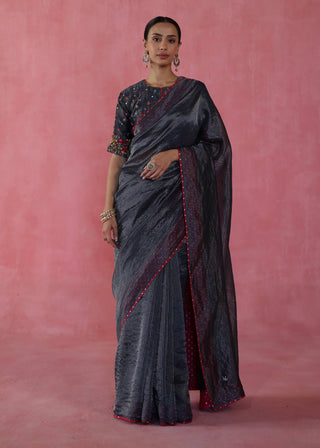 Ghevar Navy Blue Sari And Blouse by Begum Pret available on Indiaspopup.com