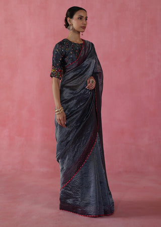 Ghevar Navy Blue Sari And Blouse by Begum Pret available on Indiaspopup.com