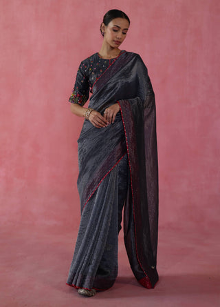 Ghevar Navy Blue Sari And Blouse by Begum Pret available on Indiaspopup.com