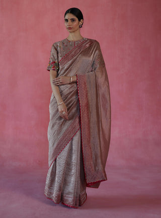 Ghevar Beige Sari And Blouse by Begum Pret available on Indiaspopup.com