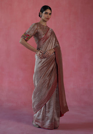 Ghevar Beige Sari And Blouse by Begum Pret available on Indiaspopup.com