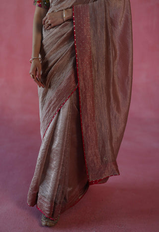 Ghevar Beige Sari And Blouse by Begum Pret available on Indiaspopup.com