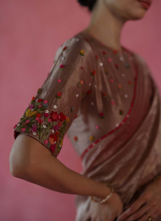 Ghevar Beige Sari And Blouse by Begum Pret available on Indiaspopup.com