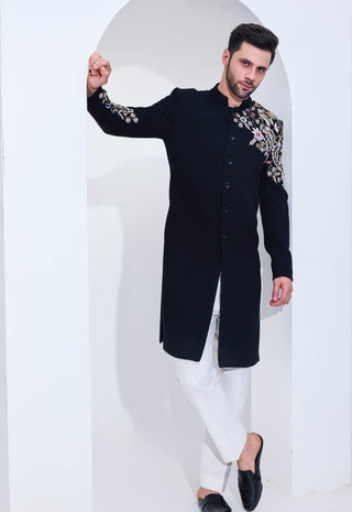 Black texture achkan and pants