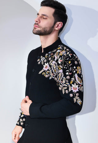 Black texture achkan and pants