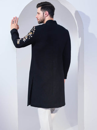 Black texture achkan and pants