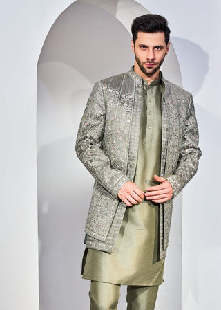 Green indowestern jacket and kurta set