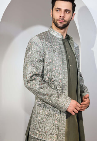 Green indowestern jacket and kurta set