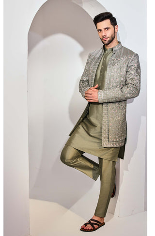Green indowestern jacket and kurta set