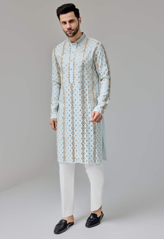 Light blue leather patch mirror kurta and pants