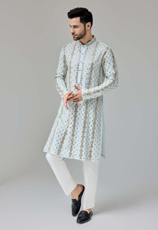 Light blue leather patch mirror kurta and pants